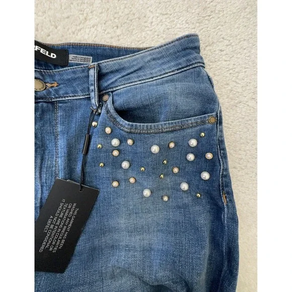 KARL LAGERFELD PARIS High Rise Embellished Skinny Jeans Coastal Blue Wash 16 New